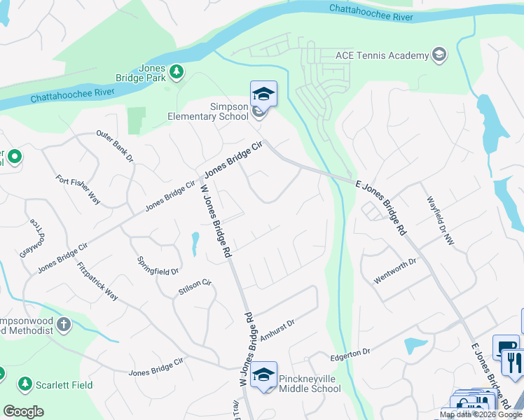 map of restaurants, bars, coffee shops, grocery stores, and more near 5304 Fox Hill Drive Northwest in Norcross