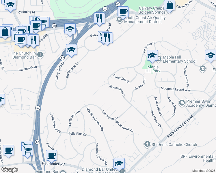 map of restaurants, bars, coffee shops, grocery stores, and more near 1505 Kiowa Crest Drive in Diamond Bar