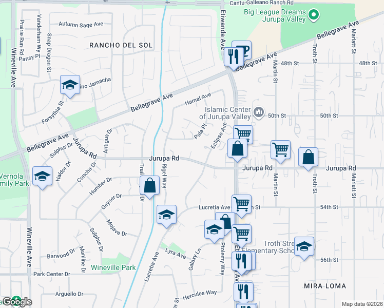 map of restaurants, bars, coffee shops, grocery stores, and more near 5209 Eclipse Avenue in Jurupa Valley