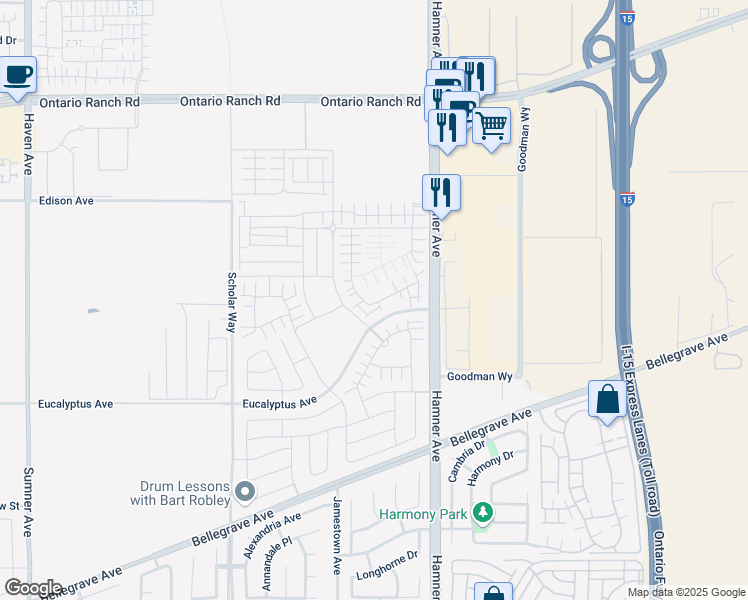 map of restaurants, bars, coffee shops, grocery stores, and more near 5000-14498 Milliken Avenue in Ontario