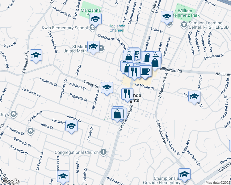 map of restaurants, bars, coffee shops, grocery stores, and more near 15750 Tetley Street in Hacienda Heights