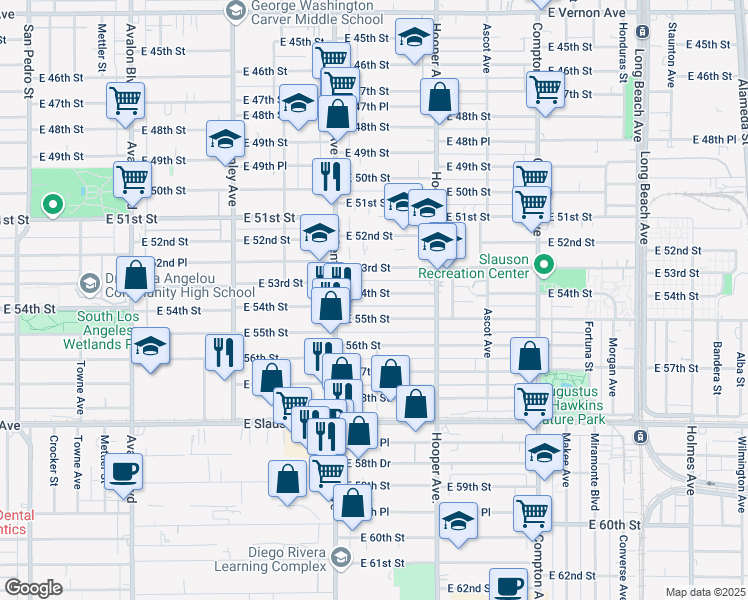 map of restaurants, bars, coffee shops, grocery stores, and more near 1126 East 55th Street in Los Angeles