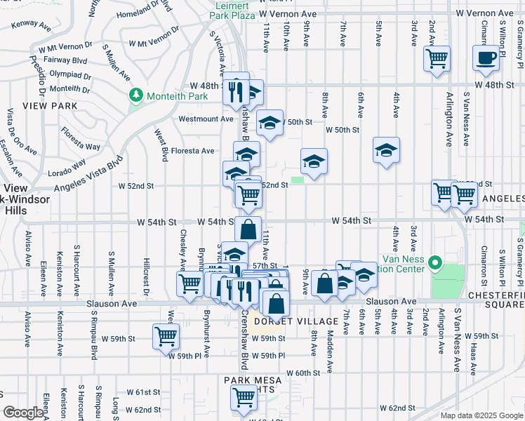 map of restaurants, bars, coffee shops, grocery stores, and more near 5400 11th Avenue in Los Angeles