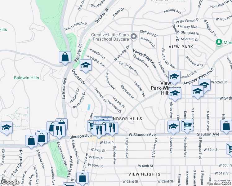 map of restaurants, bars, coffee shops, grocery stores, and more near 5470 Bradna Drive in View Park-Windsor Hills
