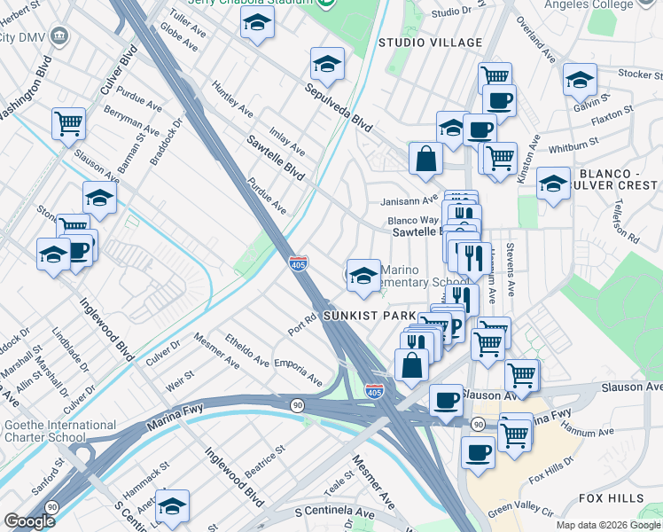 map of restaurants, bars, coffee shops, grocery stores, and more near 5217 Berryman Avenue in Culver City