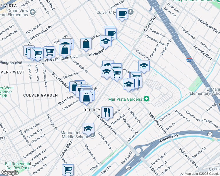 map of restaurants, bars, coffee shops, grocery stores, and more near 12072 Culver Boulevard in Los Angeles