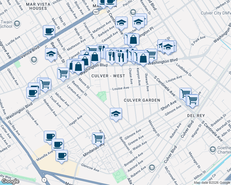 map of restaurants, bars, coffee shops, grocery stores, and more near 4240 McConnell Boulevard in Los Angeles