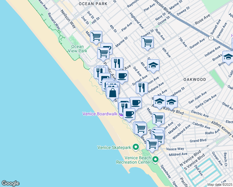 map of restaurants, bars, coffee shops, grocery stores, and more near 34 Sunset Avenue in Los Angeles