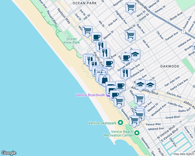 map of restaurants, bars, coffee shops, grocery stores, and more near 517 Ocean Front Walk in Los Angeles