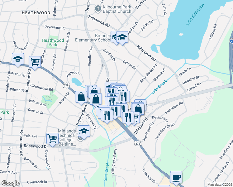 map of restaurants, bars, coffee shops, grocery stores, and more near 724 Cross Hill Road in Columbia