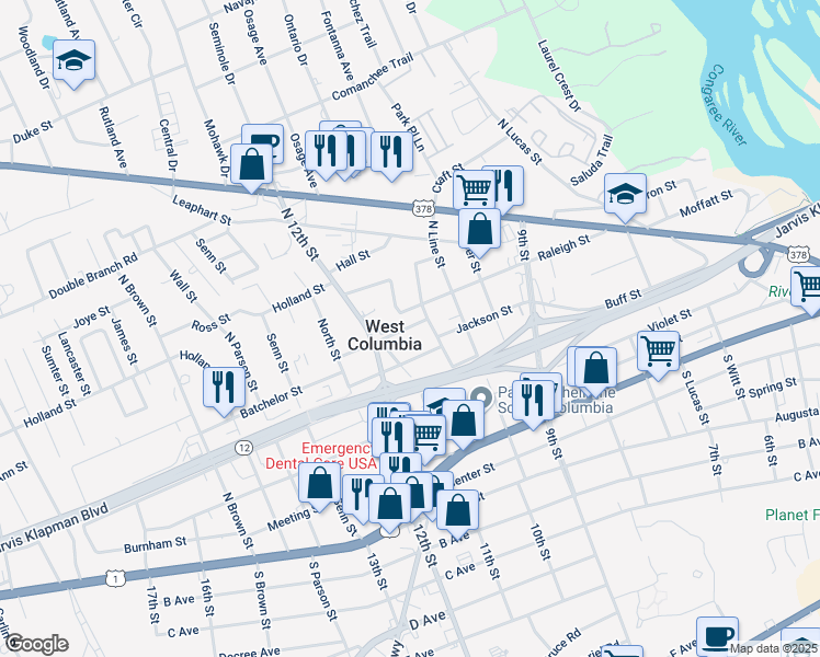 map of restaurants, bars, coffee shops, grocery stores, and more near in West Columbia