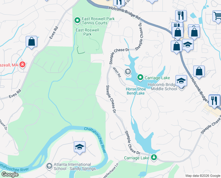 map of restaurants, bars, coffee shops, grocery stores, and more near 195 Foal Drive in Roswell