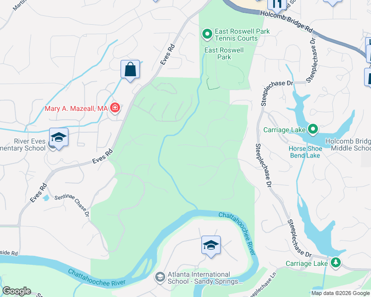 map of restaurants, bars, coffee shops, grocery stores, and more near 165 Cartier Court in Roswell