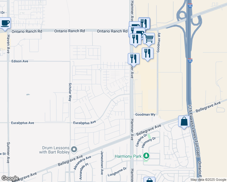 map of restaurants, bars, coffee shops, grocery stores, and more near 5000-14498 Milliken Avenue in Ontario