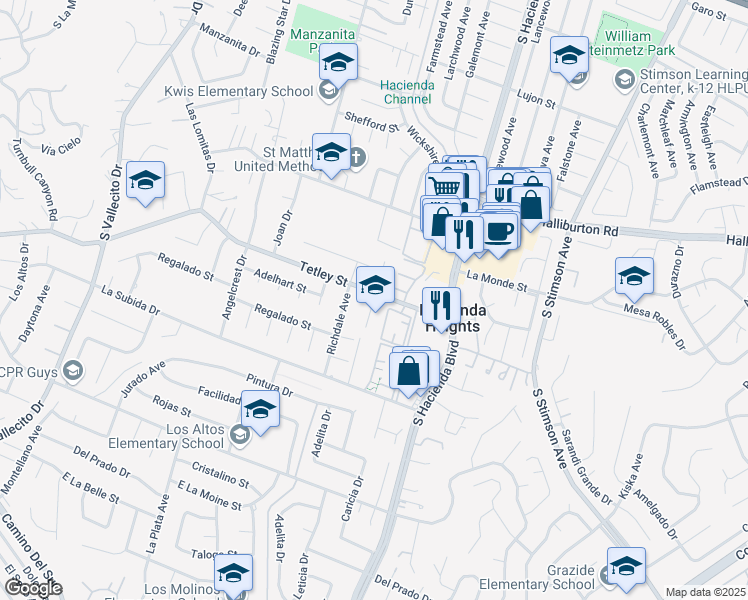 map of restaurants, bars, coffee shops, grocery stores, and more near 15694 Tetley Street in Hacienda Heights