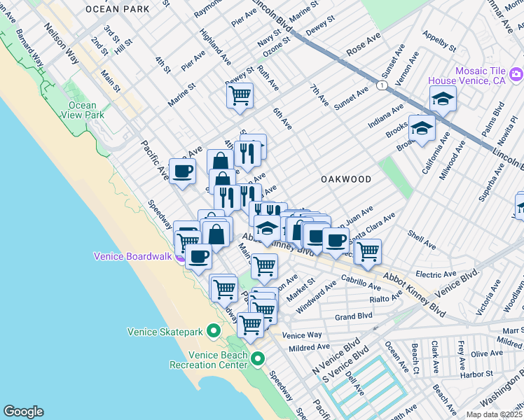 map of restaurants, bars, coffee shops, grocery stores, and more near 1007 Abbot Kinney Boulevard in Los Angeles