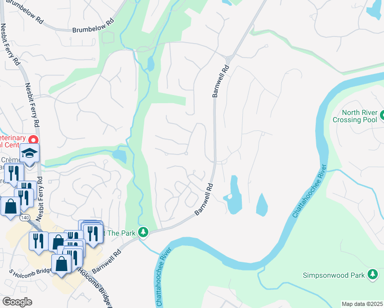 map of restaurants, bars, coffee shops, grocery stores, and more near 150 Fairway Ridge Drive in Alpharetta