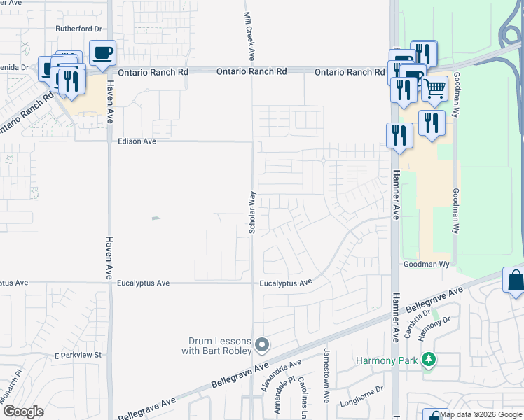 map of restaurants, bars, coffee shops, grocery stores, and more near 3908 East Morro Privado in Ontario