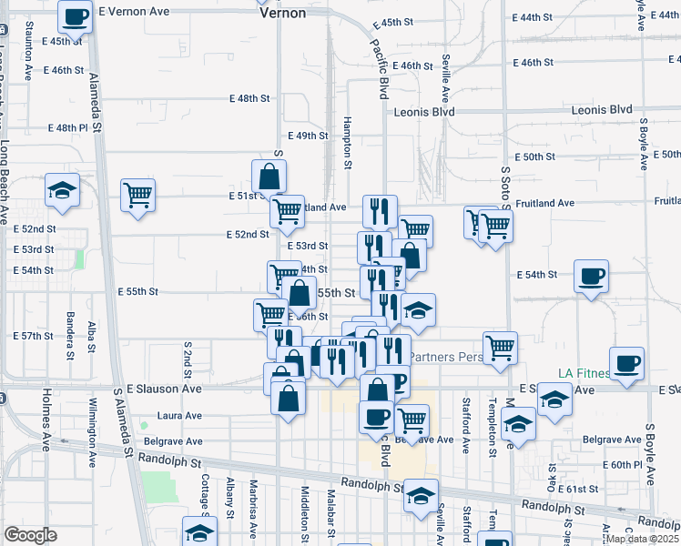 map of restaurants, bars, coffee shops, grocery stores, and more near 2523 East 55th Street in Huntington Park