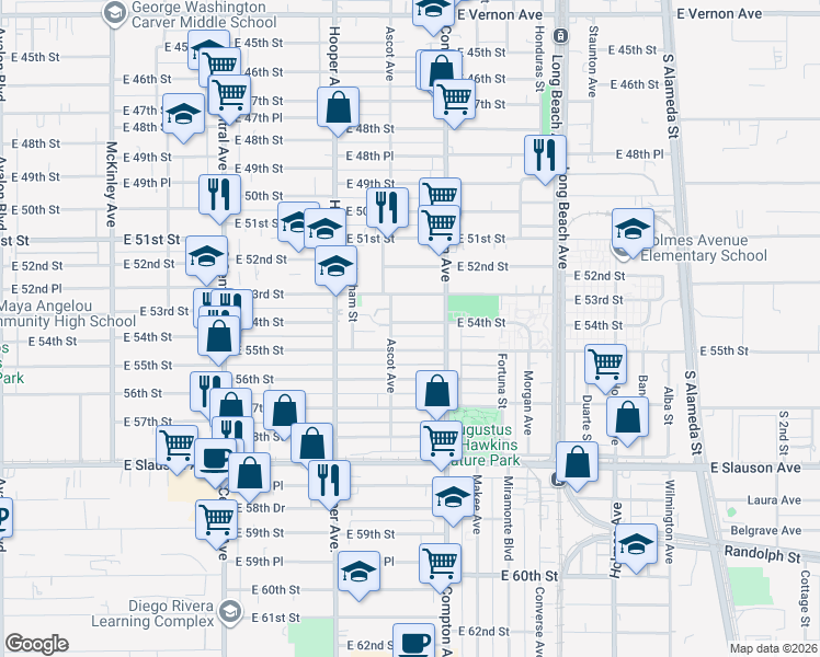 map of restaurants, bars, coffee shops, grocery stores, and more near 1428 East 54th Street in Los Angeles