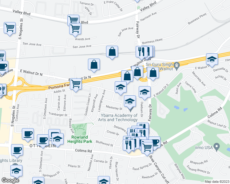 map of restaurants, bars, coffee shops, grocery stores, and more near East Walnut Dr S & Annadel Ave in Rowland Heights