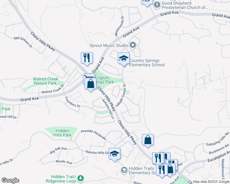map of restaurants, bars, coffee shops, grocery stores, and more near 14241 Village Park Place in Chino Hills
