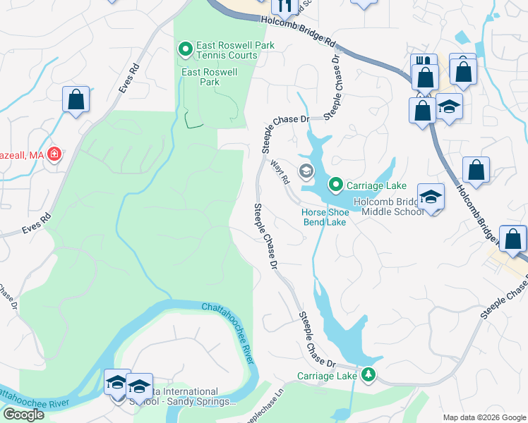 map of restaurants, bars, coffee shops, grocery stores, and more near 195 Foal Drive in Roswell