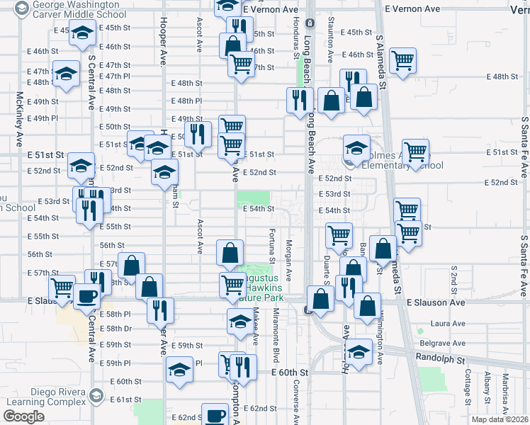 map of restaurants, bars, coffee shops, grocery stores, and more near 1548 East 54th Street in Los Angeles
