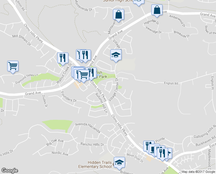 map of restaurants, bars, coffee shops, grocery stores, and more near 14241 Village Park Place in Chino Hills