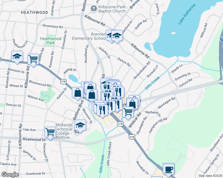 map of restaurants, bars, coffee shops, grocery stores, and more near 724 Cross Hill Road in Columbia