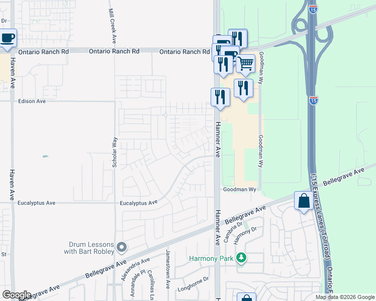 map of restaurants, bars, coffee shops, grocery stores, and more near 4233 South Malagon Privado in Ontario