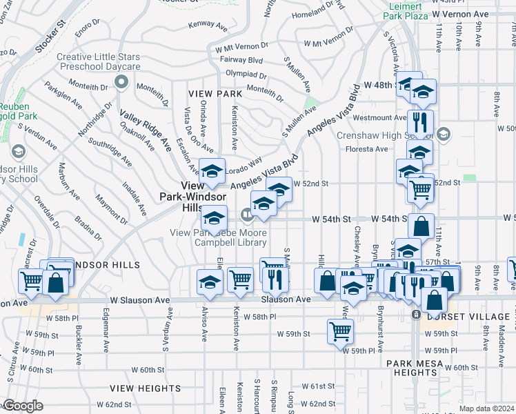 map of restaurants, bars, coffee shops, grocery stores, and more near 5340 South Harcourt Avenue in View Park-Windsor Hills