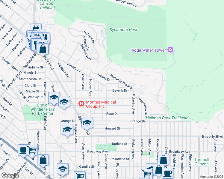 map of restaurants, bars, coffee shops, grocery stores, and more near 12311 Whitley Street in Whittier