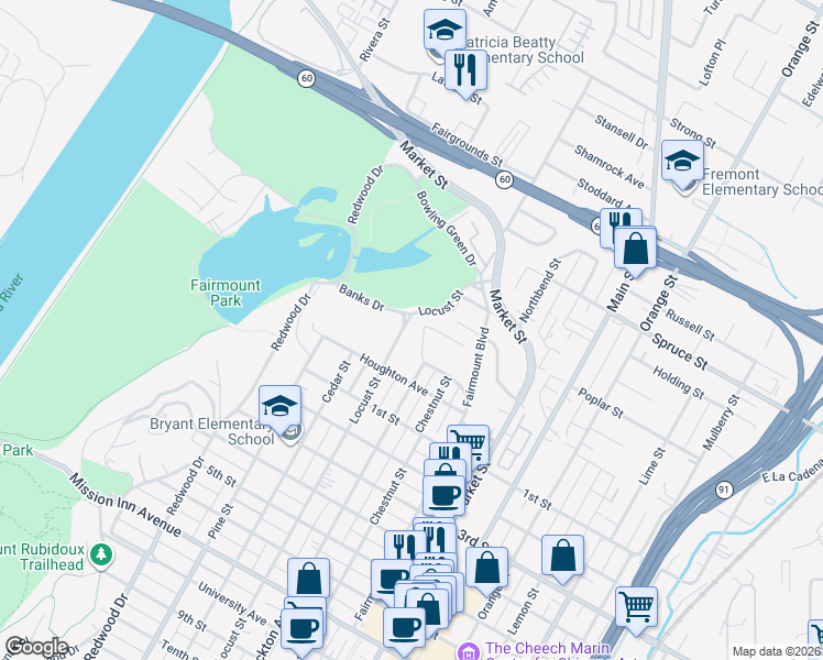 map of restaurants, bars, coffee shops, grocery stores, and more near 2826 Brockton Avenue in Riverside