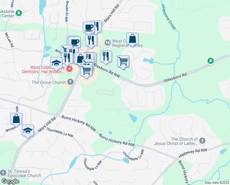 map of restaurants, bars, coffee shops, grocery stores, and more near 5336 Stone Village Circle Northwest in Kennesaw