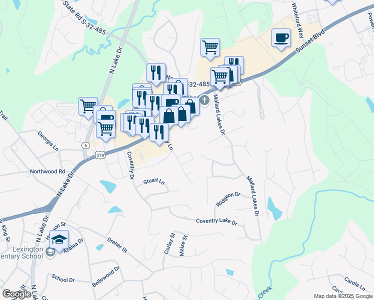 map of restaurants, bars, coffee shops, grocery stores, and more near 140 Huntington Circle in Lexington
