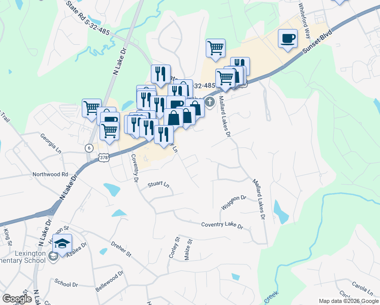 map of restaurants, bars, coffee shops, grocery stores, and more near 140 Huntington Circle in Lexington
