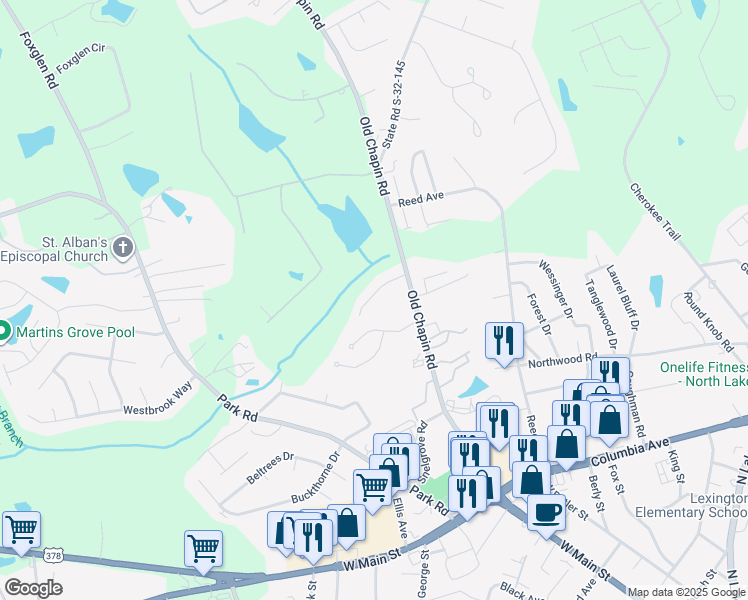 map of restaurants, bars, coffee shops, grocery stores, and more near 131 Waverly Point Drive in Lexington