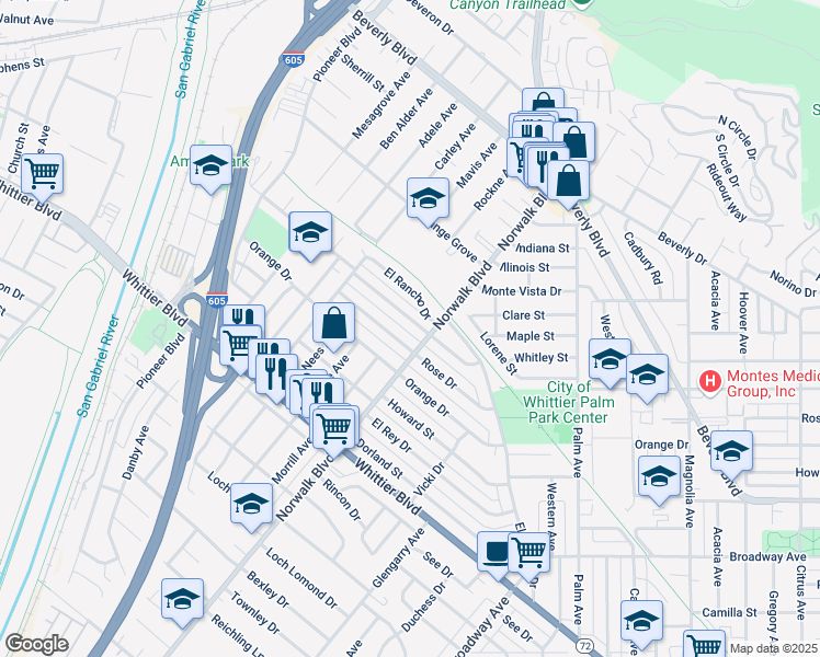 map of restaurants, bars, coffee shops, grocery stores, and more near 10708 Floral Drive in Whittier