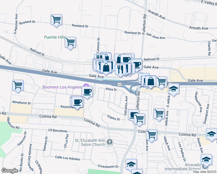 map of restaurants, bars, coffee shops, grocery stores, and more near 18045 Atina Drive in Rowland Heights