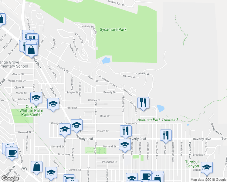map of restaurants, bars, coffee shops, grocery stores, and more near 12423 Beverly Drive in Whittier