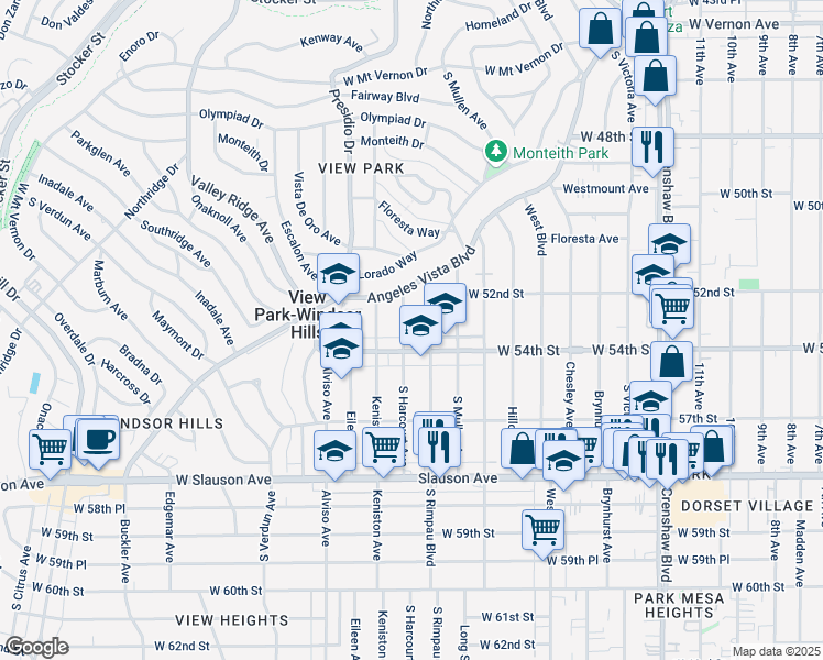 map of restaurants, bars, coffee shops, grocery stores, and more near 5340 South Harcourt Avenue in View Park-Windsor Hills
