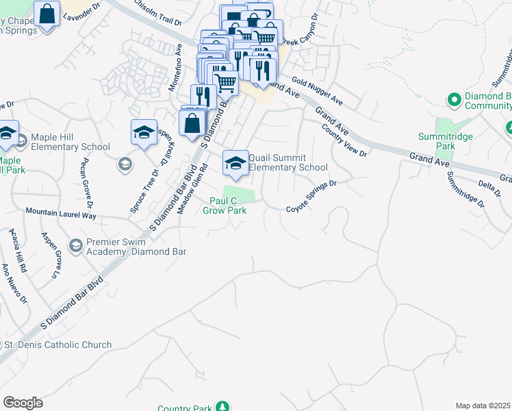 map of restaurants, bars, coffee shops, grocery stores, and more near 23328 Forest Canyon Drive in Diamond Bar