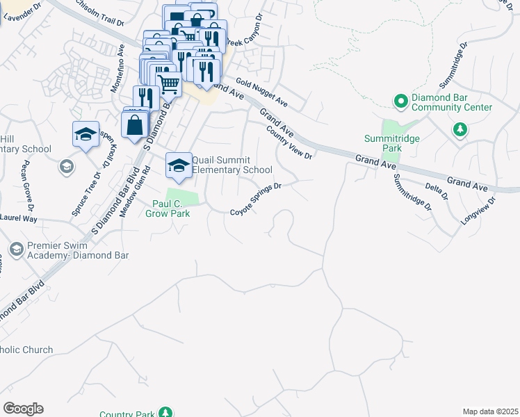 map of restaurants, bars, coffee shops, grocery stores, and more near 23484 Coyote Springs Drive in Diamond Bar