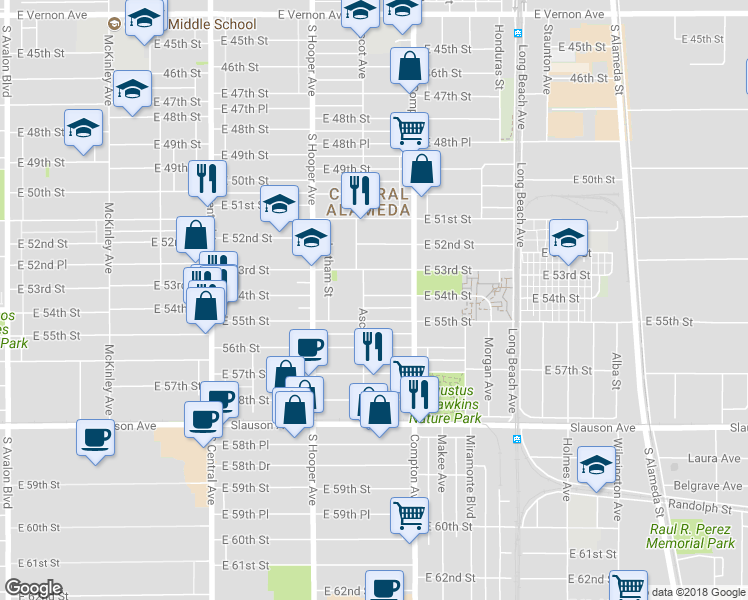map of restaurants, bars, coffee shops, grocery stores, and more near 1418 East 54th Street in Los Angeles