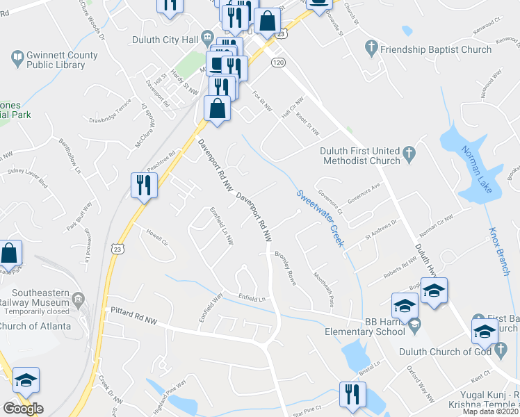 map of restaurants, bars, coffee shops, grocery stores, and more near 3252 Davenport Road Northwest in Duluth