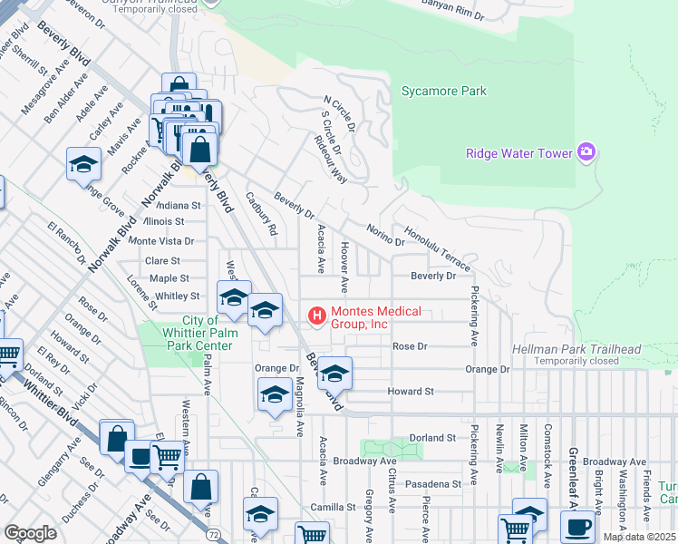 map of restaurants, bars, coffee shops, grocery stores, and more near 11855 Maple Street in Whittier