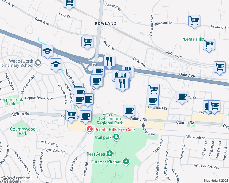 map of restaurants, bars, coffee shops, grocery stores, and more near 1600 South Azusa Avenue in City of Industry