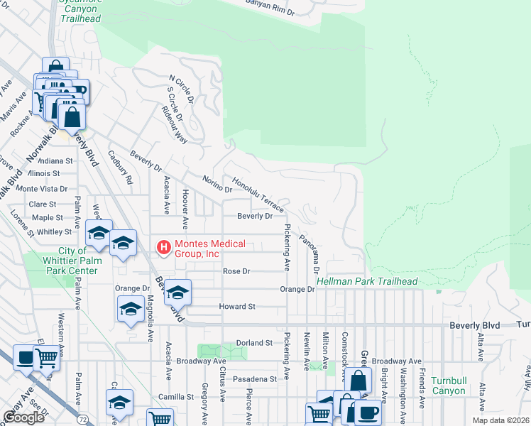 map of restaurants, bars, coffee shops, grocery stores, and more near 5516 Arrambide Drive in Whittier