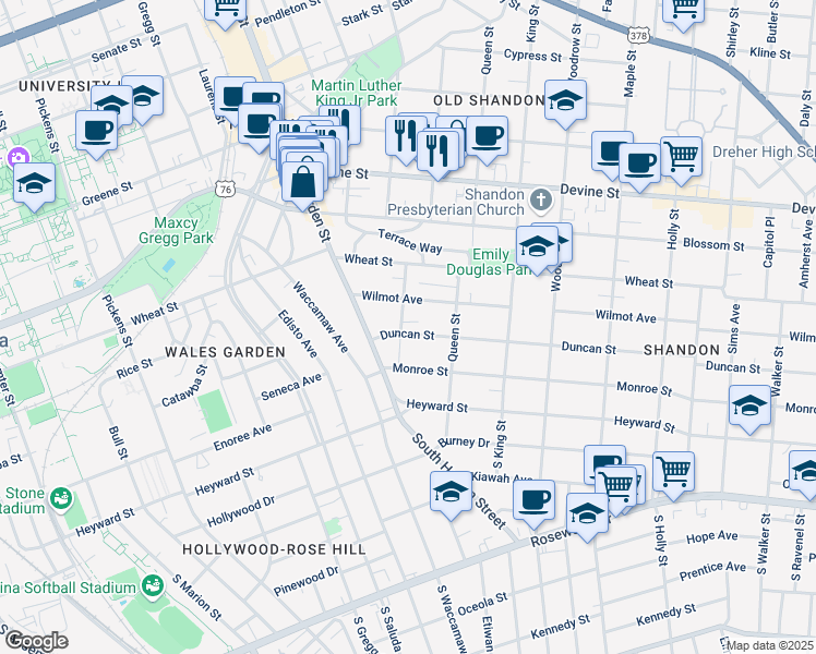 map of restaurants, bars, coffee shops, grocery stores, and more near 2330 Wilmot Avenue in Columbia